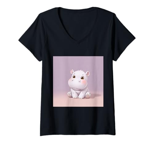 Damen Niedliches Cartoon-Nilpferd im Chibi-Stil süßes Baby-Nilpfer T-Shirt mit V-Ausschnitt Damen Niedliches Cartoon-Nilpferd im Chibi-Stil süßes Baby-Nilpfer T-Shirt mit V-Ausschnitt von Design Hippopotamus cute theme