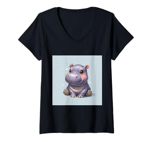 Damen Niedliches Cartoon-Nilpferd im Chibi-Stil süßes Baby-Nilpfer T-Shirt mit V-Ausschnitt Damen Niedliches Cartoon-Nilpferd im Chibi-Stil süßes Baby-Nilpfer T-Shirt mit V-Ausschnitt von Design Hippopotamus cute theme