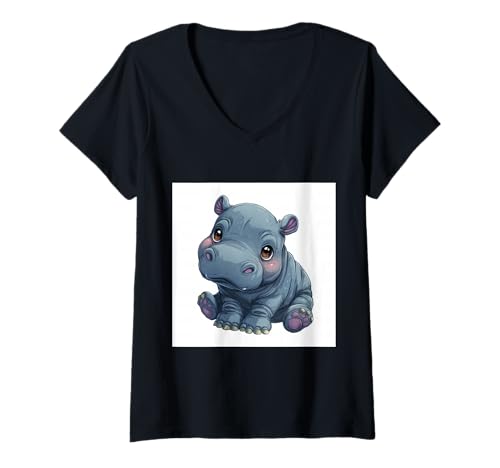 Damen Niedliches Cartoon-Nilpferd im Chibi-Stil süßes Baby-Nilpfer T-Shirt mit V-Ausschnitt Damen Niedliches Cartoon-Nilpferd im Chibi-Stil süßes Baby-Nilpfer T-Shirt mit V-Ausschnitt von Design Hippopotamus cute theme