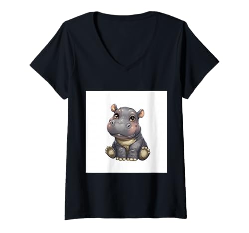 Damen Niedliches Cartoon-Nilpferd im Chibi-Stil süßes Baby-Nilpfer T-Shirt mit V-Ausschnitt Damen Niedliches Cartoon-Nilpferd im Chibi-Stil süßes Baby-Nilpfer T-Shirt mit V-Ausschnitt von Design Hippopotamus cute theme