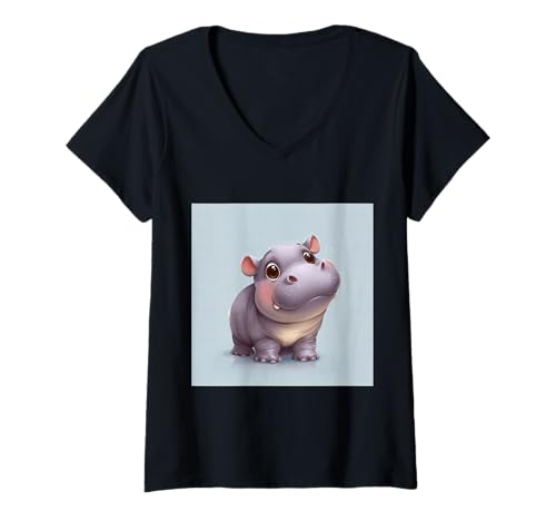Damen Niedliches Cartoon-Nilpferd im Chibi-Stil süßes Baby-Nilpfer T-Shirt mit V-Ausschnitt Damen Niedliches Cartoon-Nilpferd im Chibi-Stil süßes Baby-Nilpfer T-Shirt mit V-Ausschnitt von Design Hippopotamus cute theme