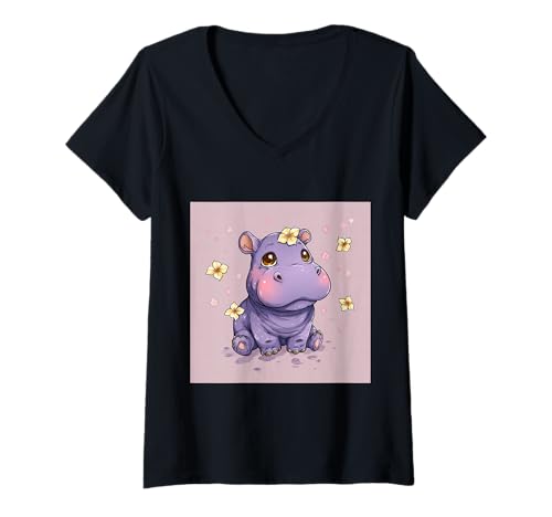 Damen Niedliches Cartoon-Nilpferd im Chibi-Stil süßes Baby-Nilpfer T-Shirt mit V-Ausschnitt Damen Niedliches Cartoon-Nilpferd im Chibi-Stil süßes Baby-Nilpfer T-Shirt mit V-Ausschnitt von Design Hippopotamus cute theme