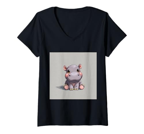 Damen Niedliches Cartoon-Nilpferd im Chibi-Stil süßes Baby-Nilpfer T-Shirt mit V-Ausschnitt Damen Niedliches Cartoon-Nilpferd im Chibi-Stil süßes Baby-Nilpfer T-Shirt mit V-Ausschnitt von Design Hippopotamus cute theme