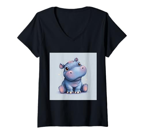 Damen Niedliches Cartoon-Nilpferd im Chibi-Stil süßes Baby-Nilpfer T-Shirt mit V-Ausschnitt Damen Niedliches Cartoon-Nilpferd im Chibi-Stil süßes Baby-Nilpfer T-Shirt mit V-Ausschnitt von Design Hippopotamus cute theme