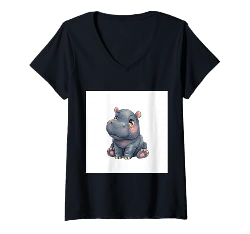 Damen Niedliches Cartoon-Nilpferd im Chibi-Stil süßes Baby-Nilpfer T-Shirt mit V-Ausschnitt Damen Niedliches Cartoon-Nilpferd im Chibi-Stil süßes Baby-Nilpfer T-Shirt mit V-Ausschnitt von Design Hippopotamus cute theme