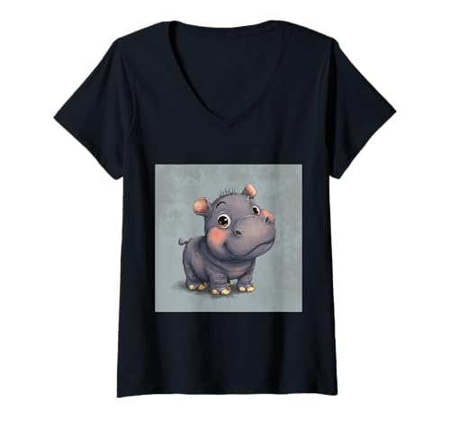 Damen Niedliches Cartoon-Nilpferd im Chibi-Stil süßes Baby-Nilpfer T-Shirt mit V-Ausschnitt Damen Niedliches Cartoon-Nilpferd im Chibi-Stil süßes Baby-Nilpfer T-Shirt mit V-Ausschnitt von Design Hippopotamus cute theme