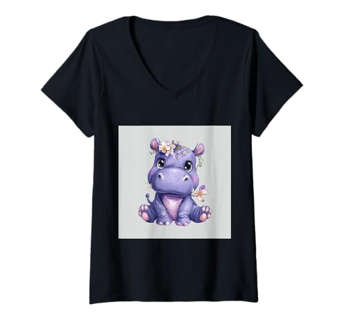 Damen Niedliches Cartoon-Nilpferd im Chibi-Stil süßes Baby-Nilpfer T-Shirt mit V-Ausschnitt Damen Niedliches Cartoon-Nilpferd im Chibi-Stil süßes Baby-Nilpfer T-Shirt mit V-Ausschnitt von Design Hippopotamus cute theme