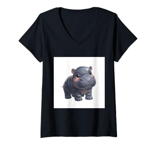 Damen Niedliches Cartoon-Nilpferd im Chibi-Stil süßes Baby-Nilpfer T-Shirt mit V-Ausschnitt von Design Hippopotamus cute theme