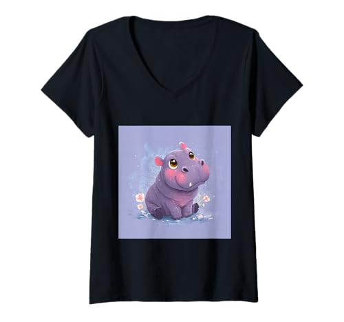 Damen Niedliches Cartoon-Nilpferd im Chibi-Stil süßes Baby-Nilpfer T-Shirt mit V-Ausschnitt von Design Hippopotamus cute theme