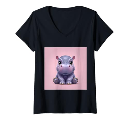 Damen Niedliches Cartoon-Nilpferd im Chibi-Stil süßes Baby-Nilpfer T-Shirt mit V-Ausschnitt Damen Niedliches Cartoon-Nilpferd im Chibi-Stil süßes Baby-Nilpfer T-Shirt mit V-Ausschnitt von Design Hippopotamus cute theme