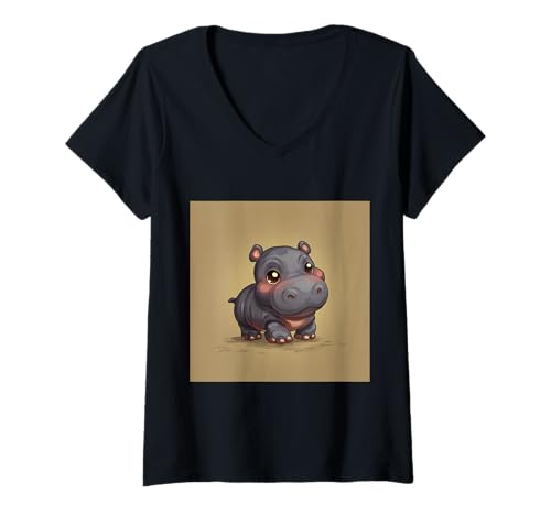 Damen Niedliches Cartoon-Nilpferd im Chibi-Stil süßes Baby-Nilpfer T-Shirt mit V-Ausschnitt von Design Hippopotamus cute theme