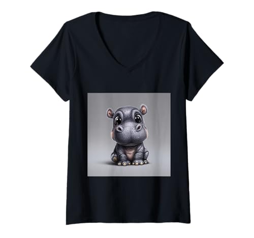 Damen Niedliches Cartoon-Nilpferd im Chibi-Stil süßes Baby-Nilpfer T-Shirt mit V-Ausschnitt Damen Niedliches Cartoon-Nilpferd im Chibi-Stil süßes Baby-Nilpfer T-Shirt mit V-Ausschnitt von Design Hippopotamus cute theme