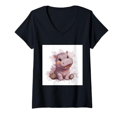 Damen Niedliches Cartoon-Nilpferd im Chibi-Stil süßes Baby-Nilpfer T-Shirt mit V-Ausschnitt Damen Niedliches Cartoon-Nilpferd im Chibi-Stil süßes Baby-Nilpfer T-Shirt mit V-Ausschnitt von Design Hippopotamus cute theme