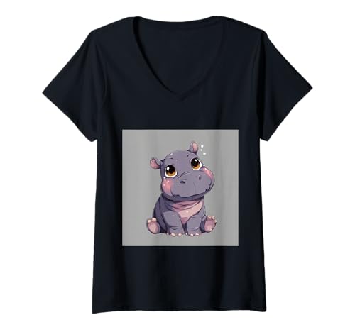Damen Niedliches Cartoon-Nilpferd im Chibi-Stil süßes Baby-Nilpfer T-Shirt mit V-Ausschnitt Damen Niedliches Cartoon-Nilpferd im Chibi-Stil süßes Baby-Nilpfer T-Shirt mit V-Ausschnitt von Design Hippopotamus cute theme