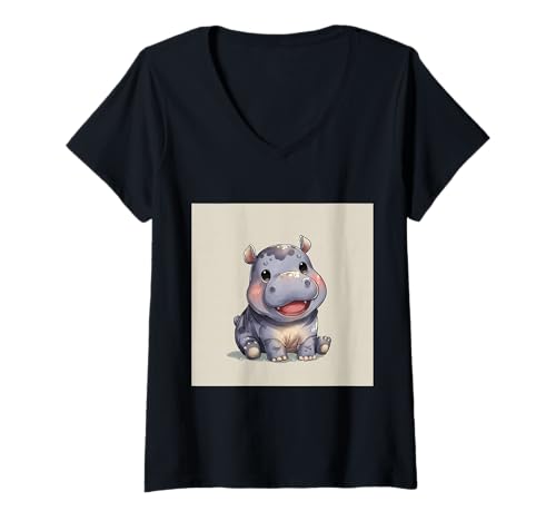 Damen Niedliches Cartoon-Nilpferd im Chibi-Stil süßes Baby-Nilpfer T-Shirt mit V-Ausschnitt Damen Niedliches Cartoon-Nilpferd im Chibi-Stil süßes Baby-Nilpfer T-Shirt mit V-Ausschnitt von Design Hippopotamus cute theme