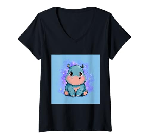 Damen Niedliches Cartoon-Nilpferd im Chibi-Stil süßes Baby-Nilpfer T-Shirt mit V-Ausschnitt Damen Niedliches Cartoon-Nilpferd im Chibi-Stil süßes Baby-Nilpfer T-Shirt mit V-Ausschnitt von Design Hippopotamus cute theme