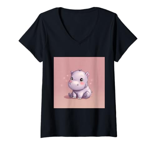Damen Niedliches Cartoon-Nilpferd im Chibi-Stil süßes Baby-Nilpfer T-Shirt mit V-Ausschnitt Damen Niedliches Cartoon-Nilpferd im Chibi-Stil süßes Baby-Nilpfer T-Shirt mit V-Ausschnitt von Design Hippopotamus cute theme