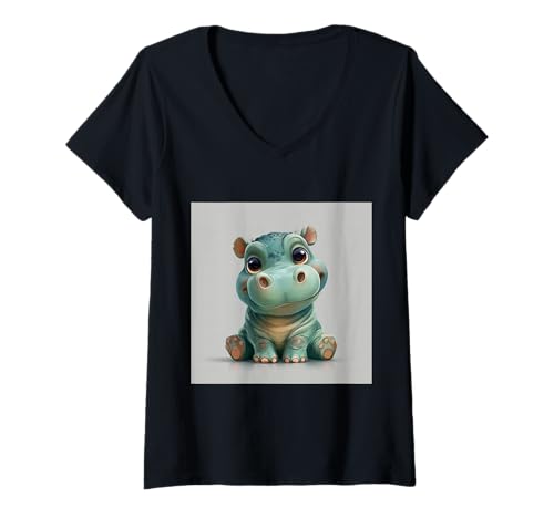 Damen Niedliches Cartoon-Nilpferd im Chibi-Stil süßes Baby-Nilpfer T-Shirt mit V-Ausschnitt von Design Hippopotamus cute theme
