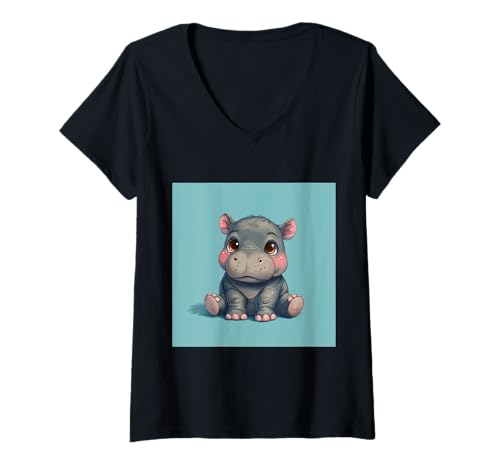 Damen Niedliches Cartoon-Nilpferd im Chibi-Stil süßes Baby-Nilpfer T-Shirt mit V-Ausschnitt Damen Niedliches Cartoon-Nilpferd im Chibi-Stil süßes Baby-Nilpfer T-Shirt mit V-Ausschnitt von Design Hippopotamus cute theme