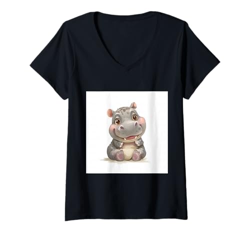 Damen Niedliches Cartoon-Nilpferd im Chibi-Stil süßes Baby-Nilpfer T-Shirt mit V-Ausschnitt Damen Niedliches Cartoon-Nilpferd im Chibi-Stil süßes Baby-Nilpfer T-Shirt mit V-Ausschnitt von Design Hippopotamus cute theme