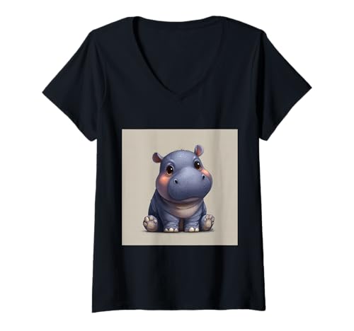 Damen Niedliches Cartoon-Nilpferd im Chibi-Stil süßes Baby-Nilpfer T-Shirt mit V-Ausschnitt von Design Hippopotamus cute theme