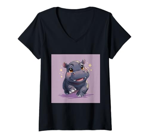 Damen Niedliches Cartoon-Nilpferd im Chibi-Stil süßes Baby-Nilpfer T-Shirt mit V-Ausschnitt Damen Niedliches Cartoon-Nilpferd im Chibi-Stil süßes Baby-Nilpfer T-Shirt mit V-Ausschnitt von Design Hippopotamus cute theme