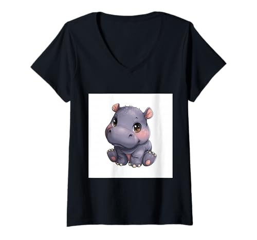 Damen Niedliches Cartoon-Nilpferd im Chibi-Stil süßes Baby-Nilpfer T-Shirt mit V-Ausschnitt Damen Niedliches Cartoon-Nilpferd im Chibi-Stil süßes Baby-Nilpfer T-Shirt mit V-Ausschnitt von Design Hippopotamus cute theme