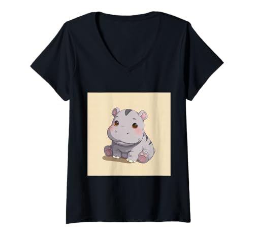 Damen Niedliches Cartoon-Nilpferd im Chibi-Stil süßes Baby-Nilpfer T-Shirt mit V-Ausschnitt Damen Niedliches Cartoon-Nilpferd im Chibi-Stil süßes Baby-Nilpfer T-Shirt mit V-Ausschnitt von Design Hippopotamus cute theme