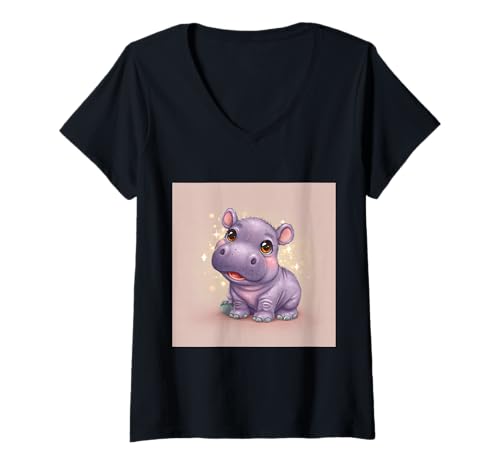 Damen Niedliches Cartoon-Nilpferd im Chibi-Stil süßes Baby-Nilpfer T-Shirt mit V-Ausschnitt Damen Niedliches Cartoon-Nilpferd im Chibi-Stil süßes Baby-Nilpfer T-Shirt mit V-Ausschnitt von Design Hippopotamus cute theme