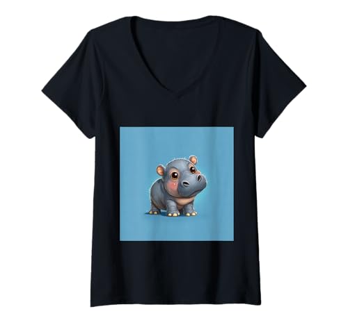 Damen Niedliches Cartoon-Nilpferd im Chibi-Stil süßes Baby-Nilpfer T-Shirt mit V-Ausschnitt Damen Niedliches Cartoon-Nilpferd im Chibi-Stil süßes Baby-Nilpfer T-Shirt mit V-Ausschnitt von Design Hippopotamus cute theme