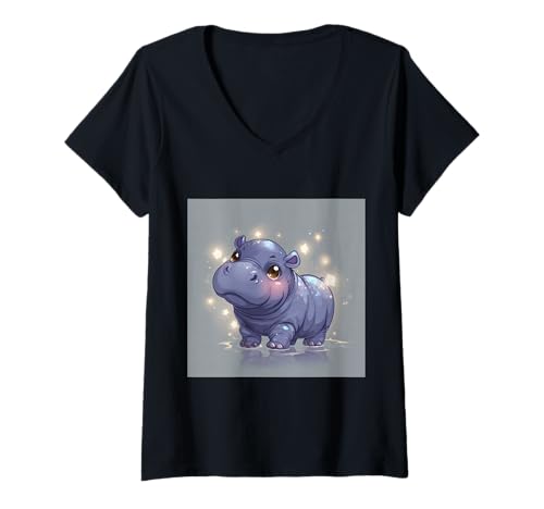 Damen Niedliches Cartoon-Nilpferd im Chibi-Stil süßes Baby-Nilpfer T-Shirt mit V-Ausschnitt Damen Niedliches Cartoon-Nilpferd im Chibi-Stil süßes Baby-Nilpfer T-Shirt mit V-Ausschnitt von Design Hippopotamus cute theme