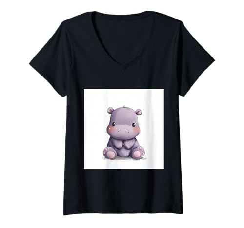 Damen Niedliches Cartoon-Nilpferd im Chibi-Stil süßes Baby-Nilpfer T-Shirt mit V-Ausschnitt Damen Niedliches Cartoon-Nilpferd im Chibi-Stil süßes Baby-Nilpfer T-Shirt mit V-Ausschnitt von Design Hippopotamus cute theme