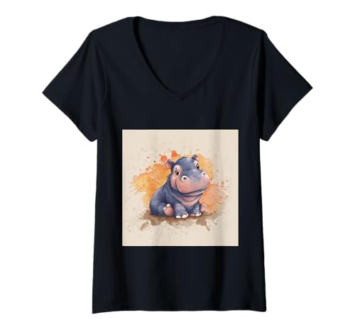 Damen Niedliches Cartoon-Nilpferd im Chibi-Stil süßes Baby-Nilpfer T-Shirt mit V-Ausschnitt Damen Niedliches Cartoon-Nilpferd im Chibi-Stil süßes Baby-Nilpfer T-Shirt mit V-Ausschnitt von Design Hippopotamus cute theme