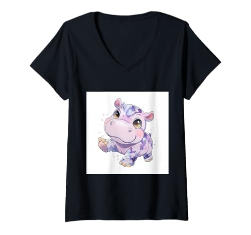 Damen Niedliches Cartoon-Nilpferd im Chibi-Stil süßes Baby-Nilpfer T-Shirt mit V-Ausschnitt Damen Niedliches Cartoon-Nilpferd im Chibi-Stil süßes Baby-Nilpfer T-Shirt mit V-Ausschnitt von Design Hippopotamus cute theme