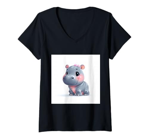 Damen Niedliches Cartoon-Nilpferd im Chibi-Stil süßes Baby-Nilpfer T-Shirt mit V-Ausschnitt Damen Niedliches Cartoon-Nilpferd im Chibi-Stil süßes Baby-Nilpfer T-Shirt mit V-Ausschnitt von Design Hippopotamus cute theme