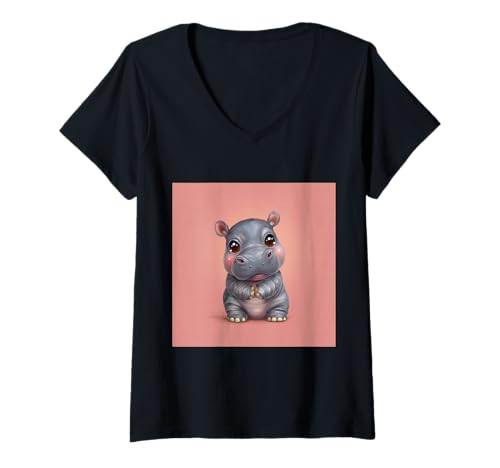Damen Niedliches Cartoon-Nilpferd im Chibi-Stil süßes Baby-Nilpfer T-Shirt mit V-Ausschnitt Damen Niedliches Cartoon-Nilpferd im Chibi-Stil süßes Baby-Nilpfer T-Shirt mit V-Ausschnitt von Design Hippopotamus cute theme