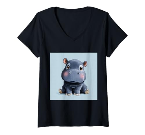 Damen Niedliches Cartoon-Nilpferd im Chibi-Stil süßes Baby-Nilpfer T-Shirt mit V-Ausschnitt Damen Niedliches Cartoon-Nilpferd im Chibi-Stil süßes Baby-Nilpfer T-Shirt mit V-Ausschnitt von Design Hippopotamus cute theme