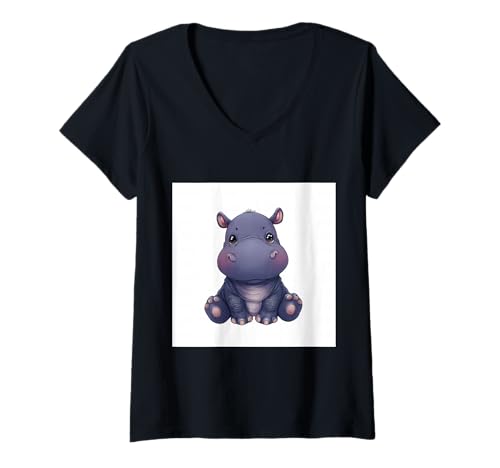 Damen Niedliches Cartoon-Nilpferd im Chibi-Stil süßes Baby-Nilpfer T-Shirt mit V-Ausschnitt Damen Niedliches Cartoon-Nilpferd im Chibi-Stil süßes Baby-Nilpfer T-Shirt mit V-Ausschnitt von Design Hippopotamus cute theme