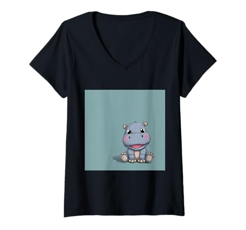 Damen Niedliches Cartoon-Nilpferd im Chibi-Stil süßes Baby-Nilpfer T-Shirt mit V-Ausschnitt Damen Niedliches Cartoon-Nilpferd im Chibi-Stil süßes Baby-Nilpfer T-Shirt mit V-Ausschnitt von Design Hippopotamus cute theme