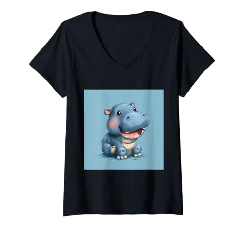 Damen Niedliches Cartoon-Nilpferd im Chibi-Stil süßes Baby-Nilpfer T-Shirt mit V-Ausschnitt Damen Niedliches Cartoon-Nilpferd im Chibi-Stil süßes Baby-Nilpfer T-Shirt mit V-Ausschnitt von Design Hippopotamus cute theme