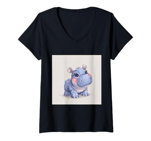 Damen Niedliches Cartoon-Nilpferd im Chibi-Stil süßes Baby-Nilpfer T-Shirt mit V-Ausschnitt Damen Niedliches Cartoon-Nilpferd im Chibi-Stil süßes Baby-Nilpfer T-Shirt mit V-Ausschnitt von Design Hippopotamus cute theme