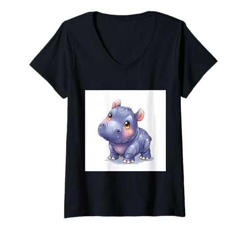 Damen Niedliches Cartoon-Nilpferd im Chibi-Stil süßes Baby-Nilpfer T-Shirt mit V-Ausschnitt Damen Niedliches Cartoon-Nilpferd im Chibi-Stil süßes Baby-Nilpfer T-Shirt mit V-Ausschnitt von Design Hippopotamus cute theme