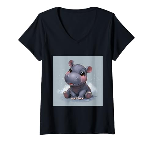 Damen Niedliches Cartoon-Nilpferd im Chibi-Stil süßes Baby-Nilpfer T-Shirt mit V-Ausschnitt Damen Niedliches Cartoon-Nilpferd im Chibi-Stil süßes Baby-Nilpfer T-Shirt mit V-Ausschnitt von Design Hippopotamus cute theme