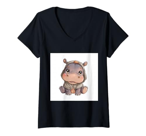 Damen Niedliches Cartoon-Nilpferd im Chibi-Stil süßes Baby-Nilpfer T-Shirt mit V-Ausschnitt Damen Niedliches Cartoon-Nilpferd im Chibi-Stil süßes Baby-Nilpfer T-Shirt mit V-Ausschnitt von Design Hippopotamus cute theme