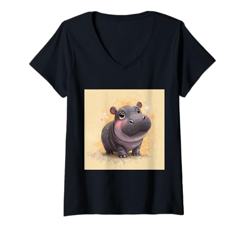 Damen Niedliches Cartoon-Nilpferd im Chibi-Stil süßes Baby-Nilpfer T-Shirt mit V-Ausschnitt von Design Hippopotamus cute theme