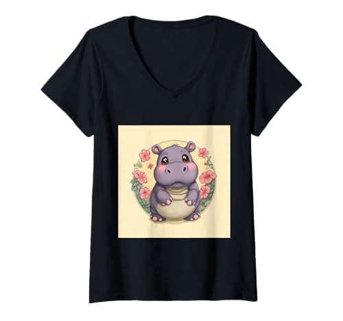 Damen Niedliches Cartoon-Nilpferd im Chibi-Stil süßes Baby-Nilpfer T-Shirt mit V-Ausschnitt Damen Niedliches Cartoon-Nilpferd im Chibi-Stil süßes Baby-Nilpfer T-Shirt mit V-Ausschnitt von Design Hippopotamus cute theme