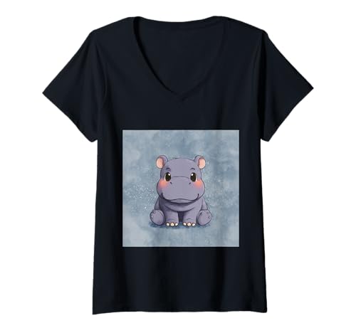 Damen Niedliches Cartoon-Nilpferd im Chibi-Stil süßes Baby-Nilpfer T-Shirt mit V-Ausschnitt Damen Niedliches Cartoon-Nilpferd im Chibi-Stil süßes Baby-Nilpfer T-Shirt mit V-Ausschnitt von Design Hippopotamus cute theme