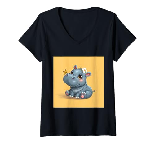 Damen Niedliches Cartoon-Nilpferd im Chibi-Stil süßes Baby-Nilpfer T-Shirt mit V-Ausschnitt Damen Niedliches Cartoon-Nilpferd im Chibi-Stil süßes Baby-Nilpfer T-Shirt mit V-Ausschnitt von Design Hippopotamus cute theme