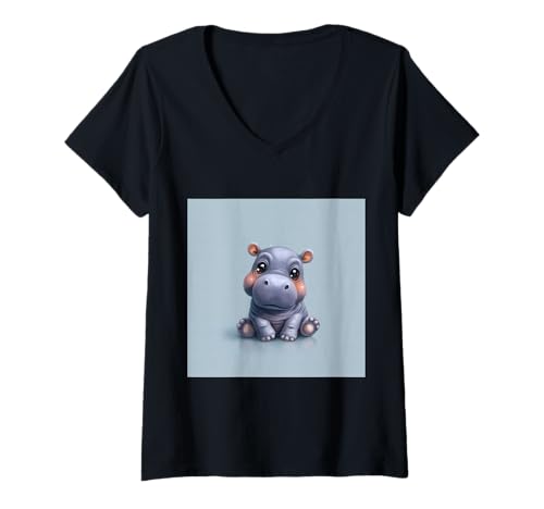 Damen Niedliches Cartoon-Nilpferd im Chibi-Stil süßes Baby-Nilpfer T-Shirt mit V-Ausschnitt Damen Niedliches Cartoon-Nilpferd im Chibi-Stil süßes Baby-Nilpfer T-Shirt mit V-Ausschnitt von Design Hippopotamus cute theme