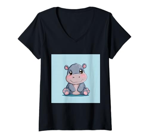 Damen Niedliches Cartoon-Nilpferd im Chibi-Stil süßes Baby-Nilpfer T-Shirt mit V-Ausschnitt Damen Niedliches Cartoon-Nilpferd im Chibi-Stil süßes Baby-Nilpfer T-Shirt mit V-Ausschnitt von Design Hippopotamus cute theme